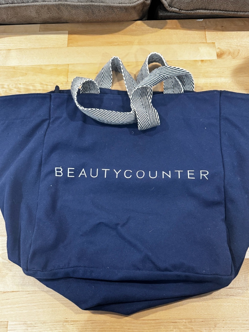 beautycounter Navy Canvas Tote with Striped Handles